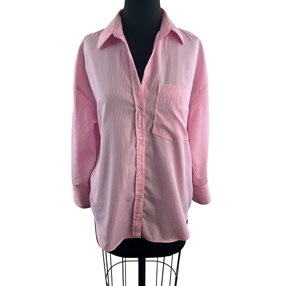ZARA Pink White Blouse Striped Collared Drop Shoulder Button-Up Size X-Small XS